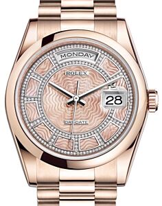 Rolex Day-Date 36 Rose Gold Carousel of Pink Mother of Pearl Diamond Dial & Smooth Domed Bezel President Bracelet 118205 - BRAND NEW