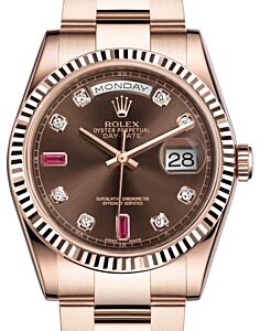 Rolex Day-Date 36 Rose Gold Chocolate Diamond & Rubies Dial & Fluted Bezel Oyster Bracelet 118235 - PRE OWNED