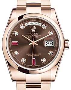 Rolex Day-Date 36 Rose Gold Chocolate Diamond & Rubies Dial & Smooth Domed Bezel Oyster Bracelet 118205 - BRAND NEW