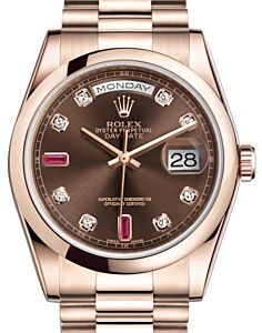 Rolex Day-Date 36 Rose Gold Chocolate Diamond & Rubies Dial & Smooth Domed Bezel President Bracelet 118205 