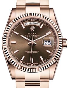 Rolex Day-Date 36 Rose Gold Chocolate Index Dial & Fluted Bezel Oyster Bracelet 118235