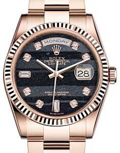 Rolex Day-Date 36 Rose Gold Ferrite Diamond Dial & Fluted Bezel Oyster Bracelet 118235