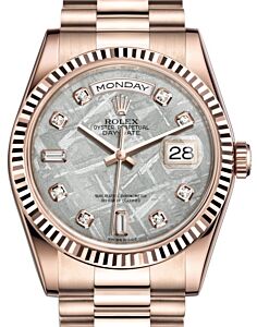 Rolex Day-Date 36 Rose Gold Meteorite Diamond Dial & Fluted Bezel President Bracelet 118235