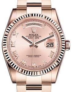 Rolex Day-Date 36 Rose Gold Pink Roman Dial & Fluted Bezel Oyster Bracelet 118235