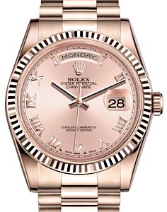 Rolex Day-Date 36 Rose Gold Pink Roman Dial & Fluted Bezel President Bracelet 118235 - PRE-OWNED