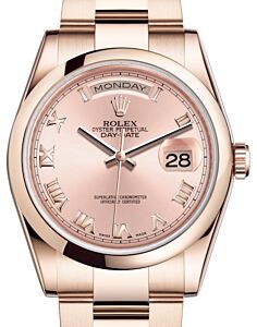 Rolex Day-Date 36 Rose Gold Pink Roman Dial & Smooth Domed Bezel Oyster Bracelet 118205 - BRAND NEW