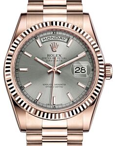 Rolex Day-Date 36 Rose Gold Rhodium Index Dial & Fluted Bezel President Bracelet 118235