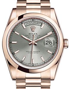 Rolex Day-Date 36 Rose Gold Rhodium Index Dial & Smooth Domed Bezel President Bracelet 118205 - BRAND NEW
