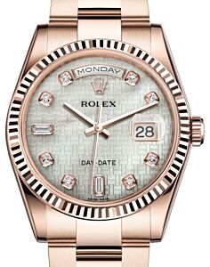 Rolex Day-Date 36 Rose Gold White Mother of Pearl with Oxford Motif Diamond Dial & Fluted Bezel Oyster Bracelet 118235 - BRAND NEW