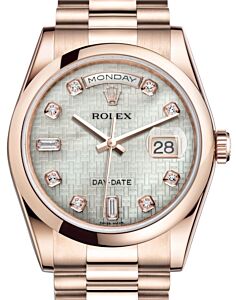 Rolex Day-Date 36 Rose Gold White Mother of Pearl with Oxford Motif Diamond Dial & Smooth Domed Bezel President Bracelet 118205 - BRAND NEW