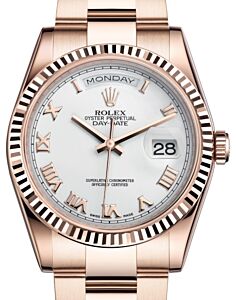 Rolex Day-Date 36 Rose Gold White Roman Dial & Fluted Bezel Oyster Bracelet Spanish Day 118235