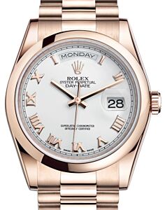 Rolex Day-Date 36 Rose Gold White Roman Dial & Smooth Domed Bezel President Bracelet 118205 - BRAND NEW