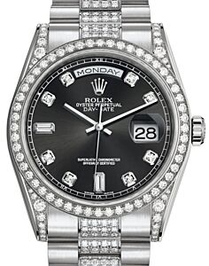 Rolex Day-Date 36 White Gold Black Diamond Dial & Diamond Set Case & Bezel Diamond Set President Bracelet 118389 - BRAND NEW