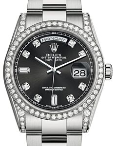 Rolex Day-Date 36 White Gold Black Diamond Dial & Diamond Set Case & Bezel Oyster Bracelet 118389 - BRAND NEW