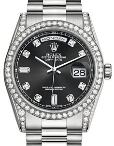 Rolex Day-Date 36 White Gold Black Diamond Dial & Diamond Set Case & Bezel President Bracelet 118389 - BRAND NEW