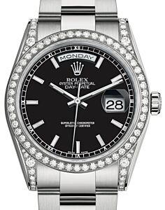 Rolex Day-Date 36 White Gold Black Index Dial & Diamond Set Case & Bezel Oyster Bracelet 118389 - BRAND NEW