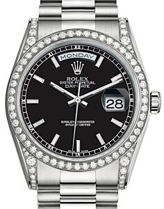 Rolex Day-Date 36 White Gold Black Index Dial & Diamond Set Case & Bezel President Bracelet 118389 - BRAND NEW