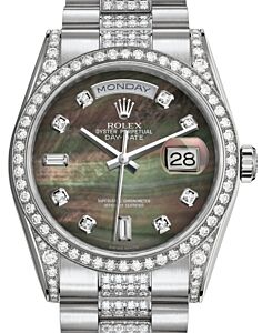 Rolex Day-Date 36 White Gold Black Mother of Pearl Diamond Dial & Diamond Set Case & Bezel Diamond Set President Bracelet 118389 - BRAND NEW