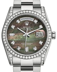 Rolex Day-Date 36 White Gold Black Mother of Pearl Diamond Dial & Diamond Set Case & Bezel Oyster Bracelet 118389 - BRAND NEW