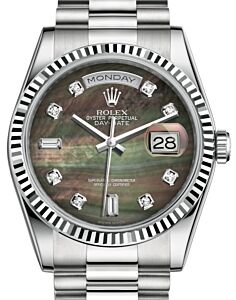 Rolex Day-Date 36 White Gold Black Mother of Pearl Diamond Dial & Fluted Bezel President Bracelet 118239 - BRAND NEW