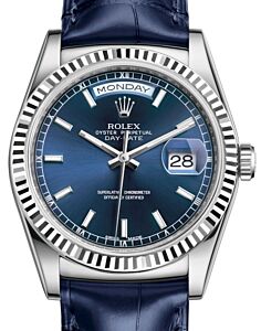 Rolex Day-Date 36 White Gold Blue Index Dial & Fluted Bezel Blue Leather Strap 118139 - BRAND NEW