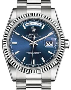 Rolex Day-Date 36 White Gold Blue Index Dial & Fluted Bezel President Bracelet 118239 - BRAND NEW