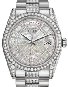 Rolex Day-Date 36 White Gold Carousel of White Mother of Pearl Diamond Dial & Diamond Set Case & Bezel Diamond Set President Bracelet 118389 - BRAND NEW