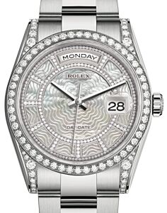 Rolex Day-Date 36 White Gold Carousel of White Mother of Pearl Diamond Dial & Diamond Set Case & Bezel Oyster Bracelet 118389 - BRAND NEW