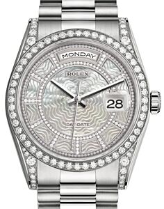 Rolex Day-Date 36 White Gold Carousel of White Mother of Pearl Diamond Dial & Diamond Set Case & Bezel President Bracelet 118389 - BRAND NEW