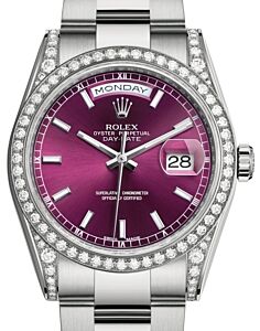 Rolex Day-Date 36 White Gold Cherry Index Dial & Diamond Set Case & Bezel Oyster Bracelet 118389 - BRAND NEW