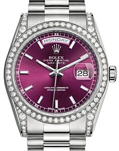 Rolex Day-Date 36 White Gold Cherry Index Dial & Diamond Set Case & Bezel President Bracelet 118389 - BRAND NEW