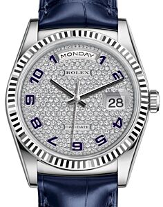 Rolex Day-Date 36 White Gold Diamond Paved Arabic Dial & Fluted Bezel Blue Leather Strap 118139 - BRAND NEW
