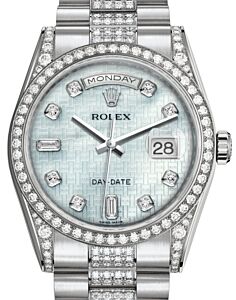 Rolex Day-Date 36 White Gold Platinum Mother of Pearl with Oxford Motif Diamond Dial & Diamond Set Case & Bezel Diamond Set President Bracelet 118389 - BRAND NEW
