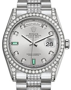 Rolex Day-Date 36 White Gold Rhodium Diamond & Emeralds Dial & Diamond Set Case & Bezel Diamond Set President Bracelet 118389 - BRAND NEW