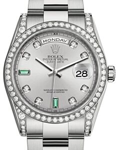 Rolex Day-Date 36 White Gold Rhodium Diamond & Emeralds Dial & Diamond Set Case & Bezel Oyster Bracelet 118389 - BRAND NEW