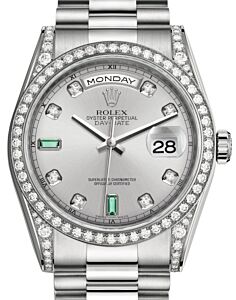 Rolex Day-Date 36 White Gold Rhodium Diamond & Emeralds Dial & Diamond Set Case & Bezel President Bracelet 118389 - BRAND NEW