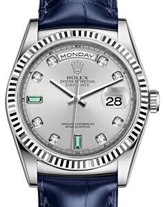 Rolex Day-Date 36 White Gold Rhodium Diamond & Emeralds Dial & Fluted Bezel Blue Leather Strap 118139 - BRAND NEW