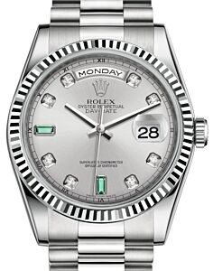 Rolex Day-Date 36 White Gold Rhodium Diamond & Emeralds Dial & Fluted Bezel President Bracelet 118239 - BRAND NEW