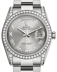 Rolex Day-Date 36 White Gold Rhodium Roman Dial & Diamond Set Case & Bezel Oyster Bracelet 118389 - BRAND NEW