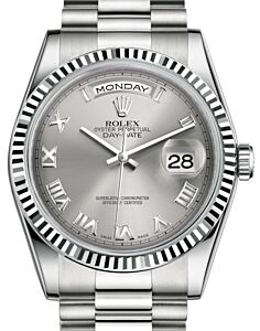 Rolex Day-Date 36 White Gold Rhodium Roman Dial & Fluted Bezel President Bracelet 118239 - BRAND NEW