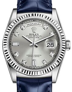 Rolex Day-Date 36 White Gold Silver Diamond Dial & Fluted Bezel Blue Leather Strap 118139 - BRAND NEW