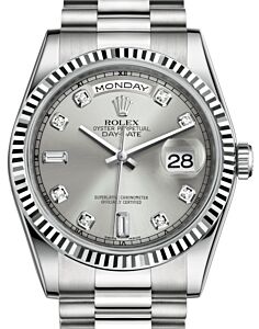 Rolex Day-Date 36 White Gold Silver Diamond Dial & Fluted Bezel President Bracelet 118239 - BRAND NEW