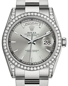 Rolex Day-Date 36 White Gold Silver Index Dial & Diamond Set Case & Bezel Oyster Bracelet 118389 - BRAND NEW