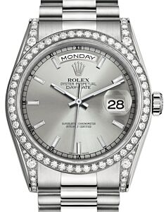 Rolex Day-Date 36 White Gold Silver Index Dial & Diamond Set Case & Bezel President Bracelet 118389 - BRAND NEW