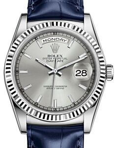 Rolex Day-Date 36 White Gold Silver Index Dial & Fluted Bezel Blue Leather Strap 118139 - BRAND NEW