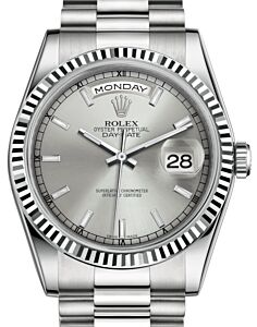Rolex Day-Date 36 White Gold Silver Index Dial & Fluted Bezel President Bracelet 118239 - BRAND NEW