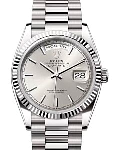 Rolex Day-Date 36 White Gold Silver Index Dial & Fluted Bezel President Bracelet 128239