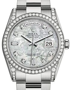 Rolex Day-Date 36 White Gold White Mother of Pearl Diamond Dial & Diamond Set Case & Bezel Oyster Bracelet 118389 - BRAND NEW