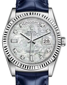 Rolex Day-Date 36 White Gold White Mother of Pearl Diamond Dial & Fluted Bezel Blue Leather Strap 118139 - BRAND NEW
