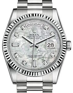 Rolex Day-Date 36 White Gold White Mother of Pearl Diamond Dial & Fluted Bezel President Bracelet 118239 - BRAND NEW